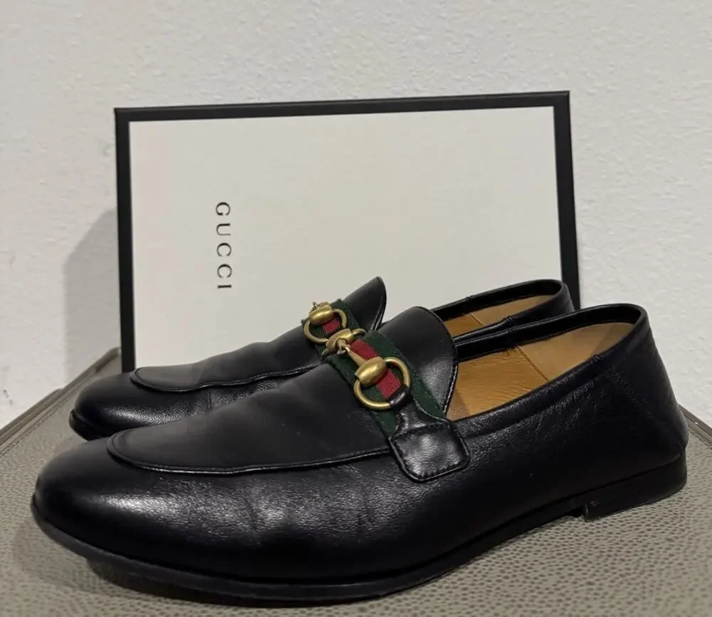 Gucci Mens Brixton Web Trimmed Horsebit Collapsible Heel Loafers Sz 8.5 $990